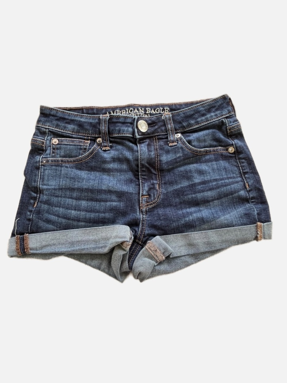 American Eagle Outfitters Dark Blue Rolled-Hem High Rise Shortie Denim Shorts 0 - Picture 1 of 10
